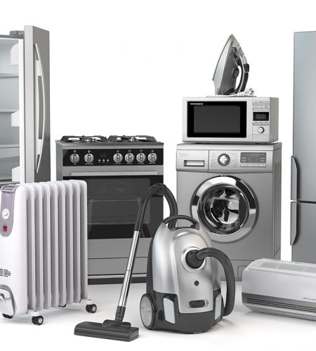 Home appliances. Set of household kitchen technics isolated on white background. Fridge, gas cooker, microwave oven, washing machine vacuum cleaner air conditioneer and iron. 3d illustration